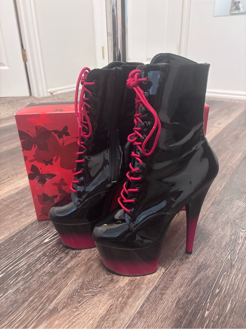 Black Patent Platform pleaser boots with red accents